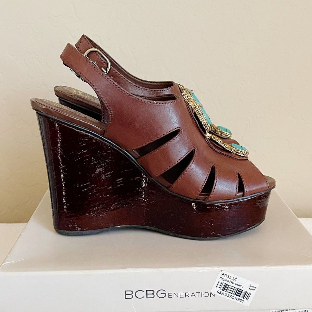 New BCBGeneration Sandals Drama Brown Turquoise Bead Stone Platform Wedge Sz 6 - Picture 10 of 13